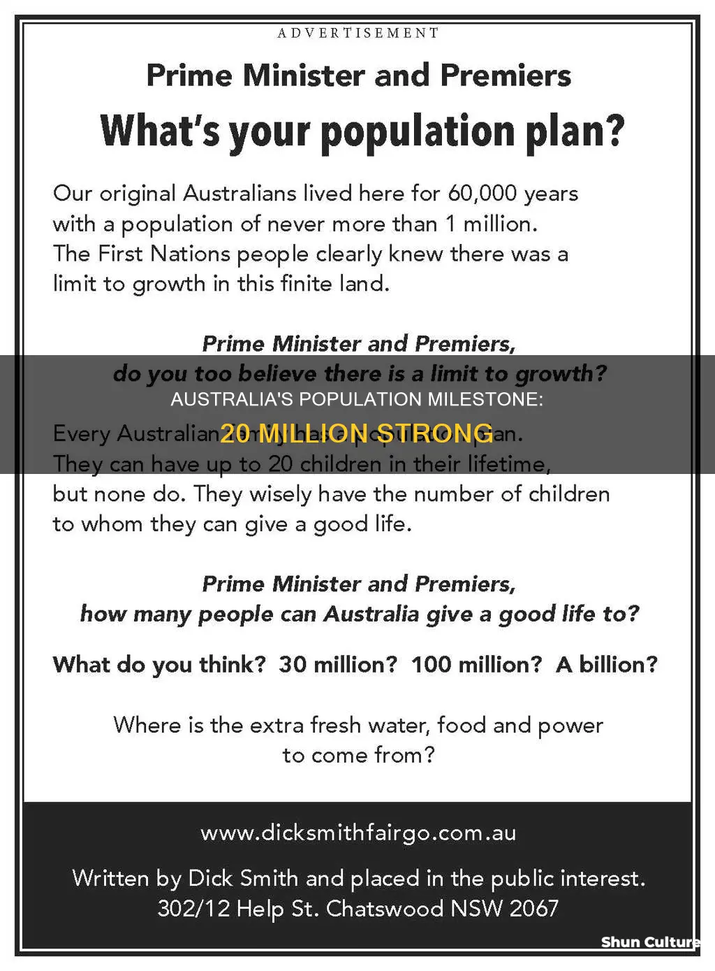 when did australias population reach 20 million
