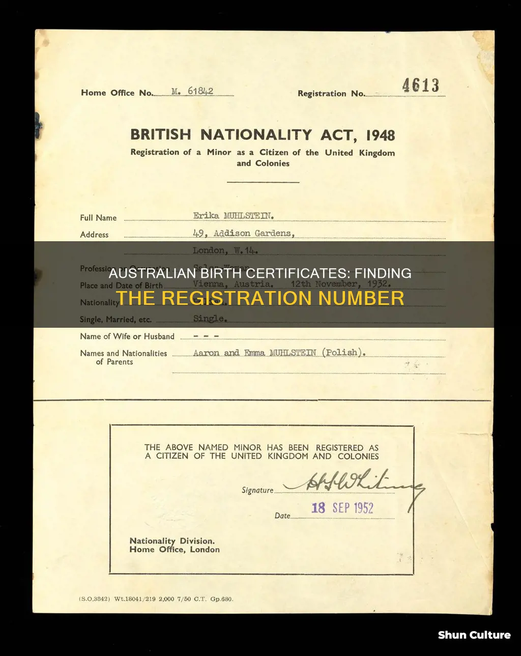 where is registration number on australian birth certificate